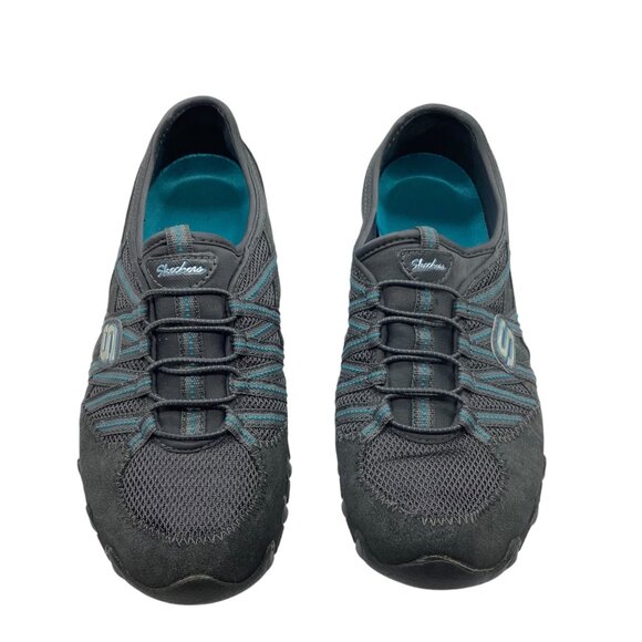 Skechers Women 7.5 Leather Blend Slip On Athletic Sneakers Gray Blue Breathable - Picture 2 of 7